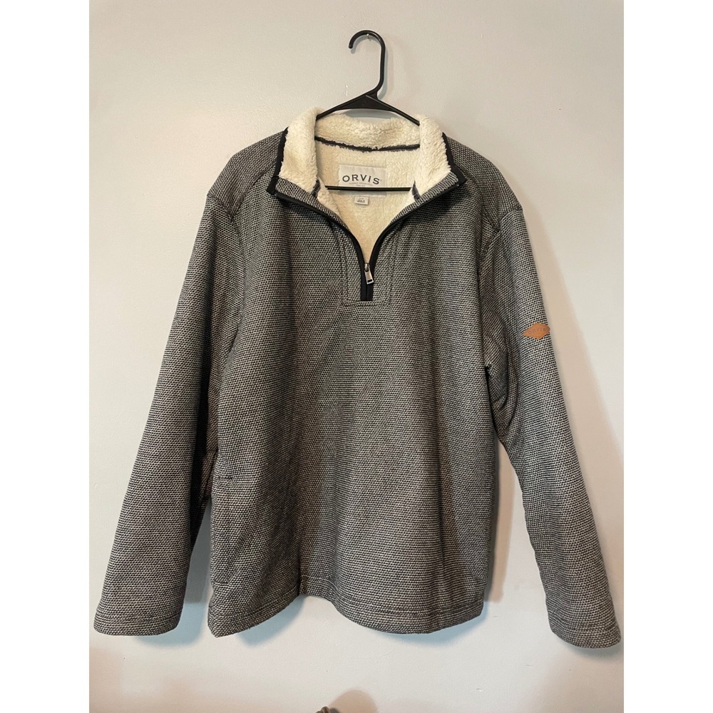 Orvis Classic Collection Mens Large Gray Waffle Knit Sherpa Lined Quarter Zip